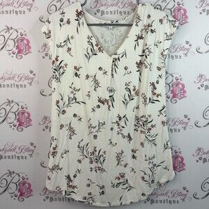 Reitmans T-shirt flowers red green Cream Floral Blouse Vneck soft stretchy